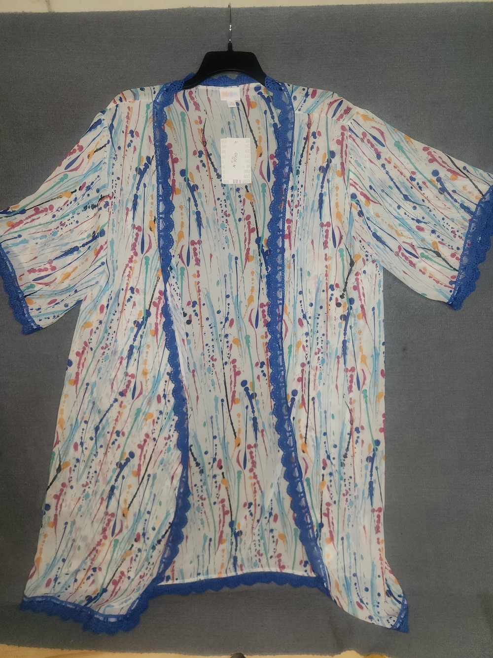Luluroe Lightweight Multicolor Splash Print Kimono with Blue Trim #402